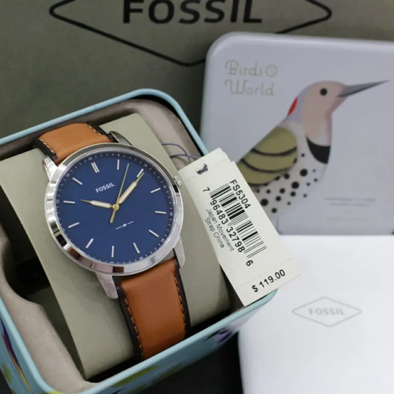Fossil Minimalist Blue Dial Brown Leather Men's Watch- FS5304 - Main Image