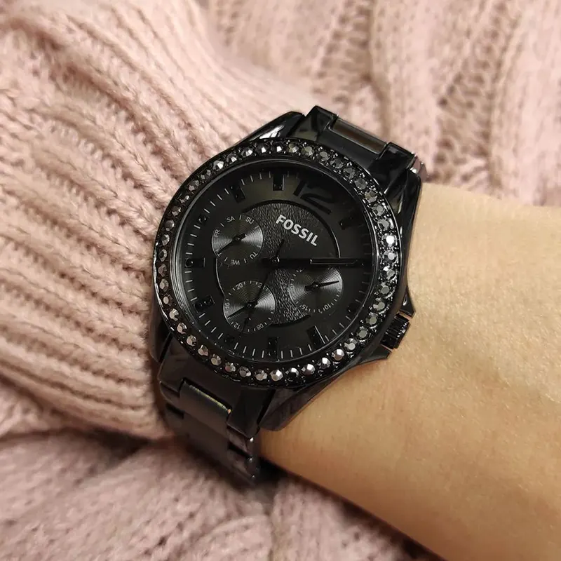 Fossil Es4519 Fossil Women's Riley Watch Fossil Riley Quartz Multifunction  Black Dial Ladies Watch- ES4519