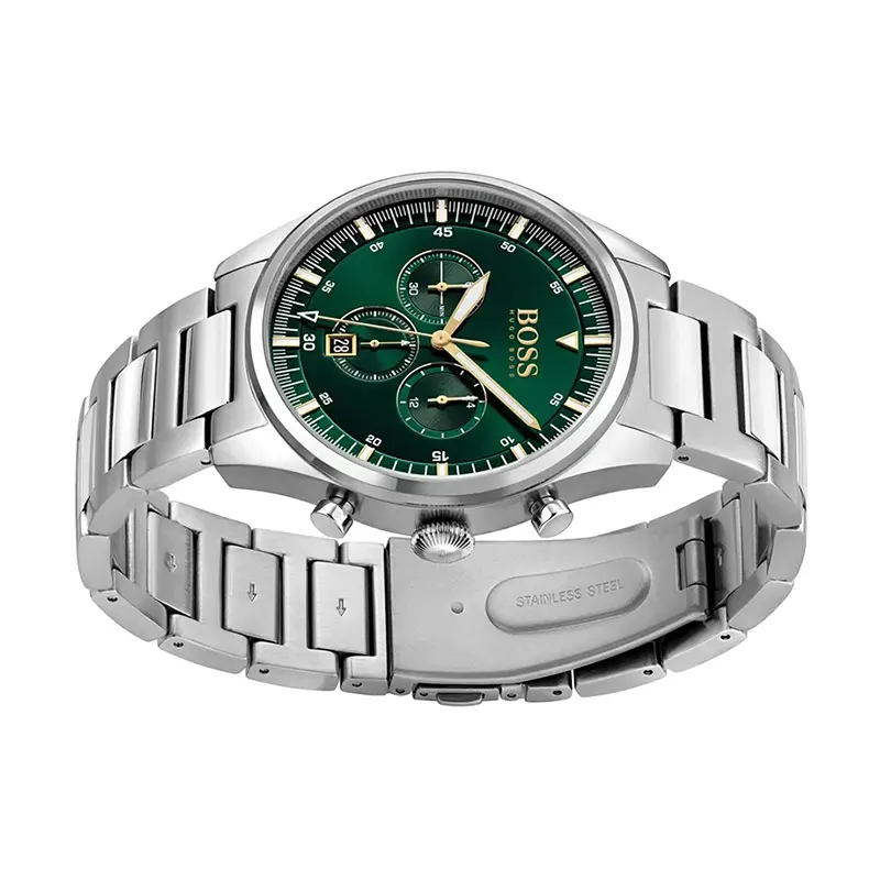 BOSS PIONEER Orologio Uomo Cronografo Al Quarzo – Cassa 44 Mm, Quadrante Verde Raggiera, Bracciale In Acciaio Inox, Impermeabile 5 ATM, Referenza 1513868 - 2