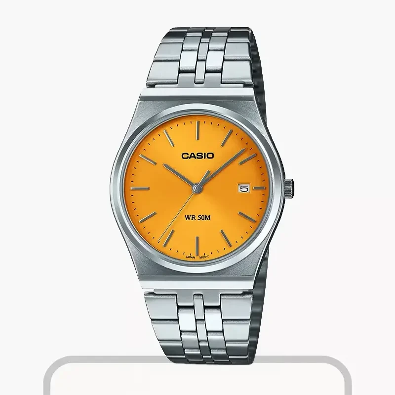 Casio Enticer Yellow Dial Silver One-touch 3-fold Men's Watch- MTP