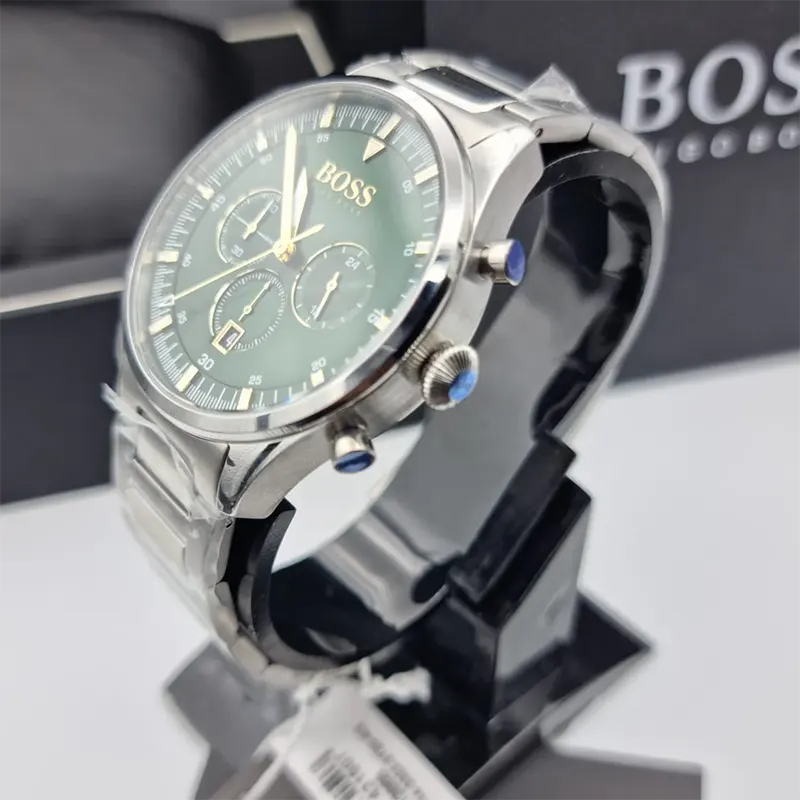 BOSS Orologio Uomo Cronografo PIONEER 1513868 – Quarzo, Cassa 44 Mm, Bracciale Acciaio, Quadrante Verde, Impermeabile 5 ATM