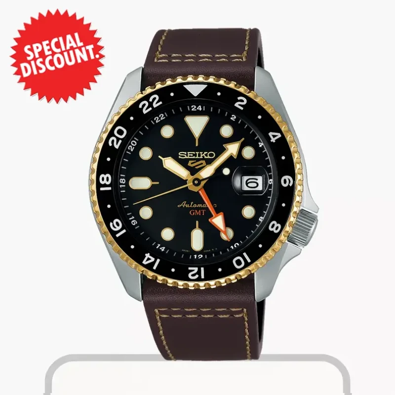 Seiko 5 Sports GMT SKX Black Dial Brown Leather Men’s Watch- SSK036K1